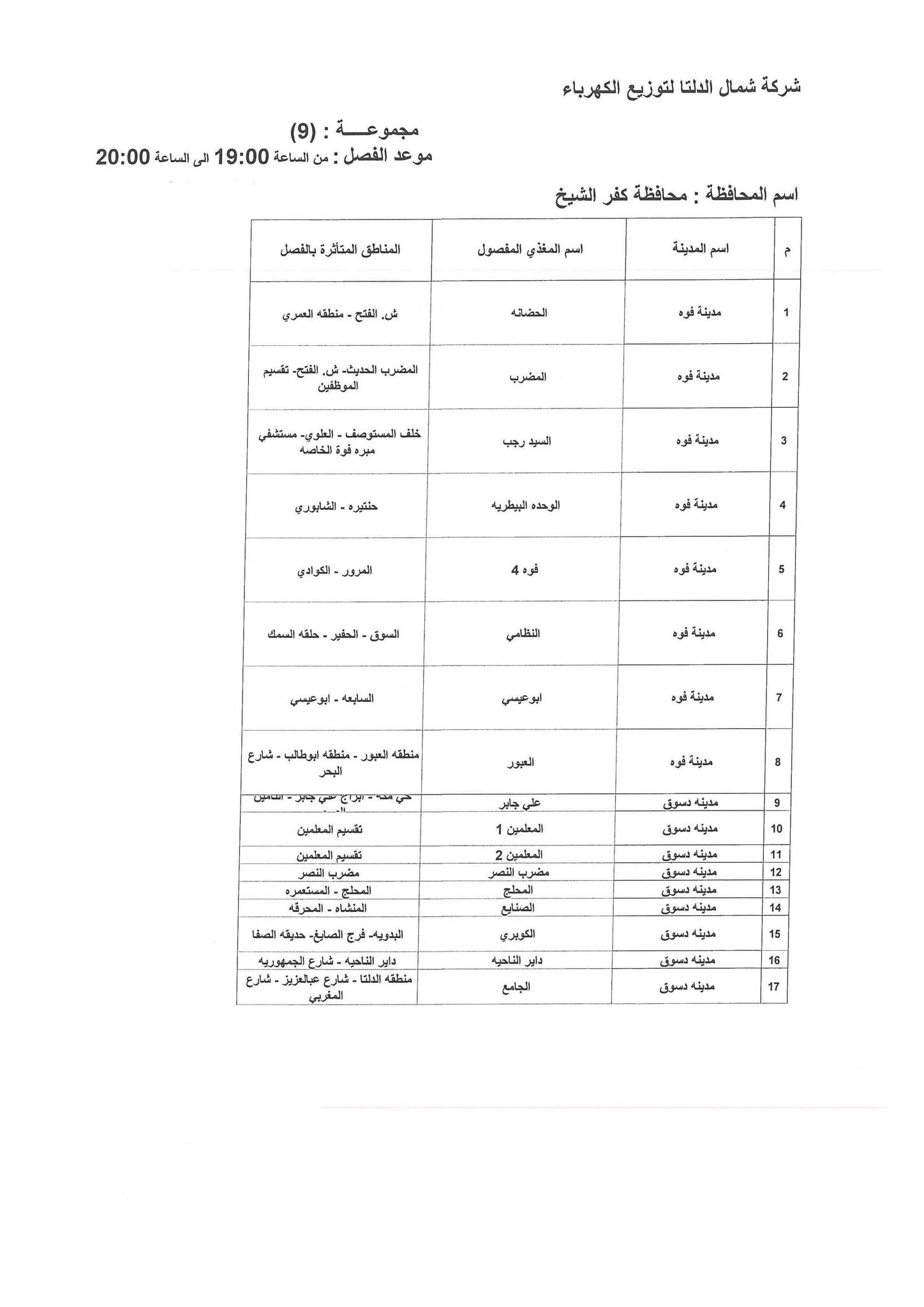 مواعيد قطع الكهرباء في مركز سيدي سالم بكفر الشيخ