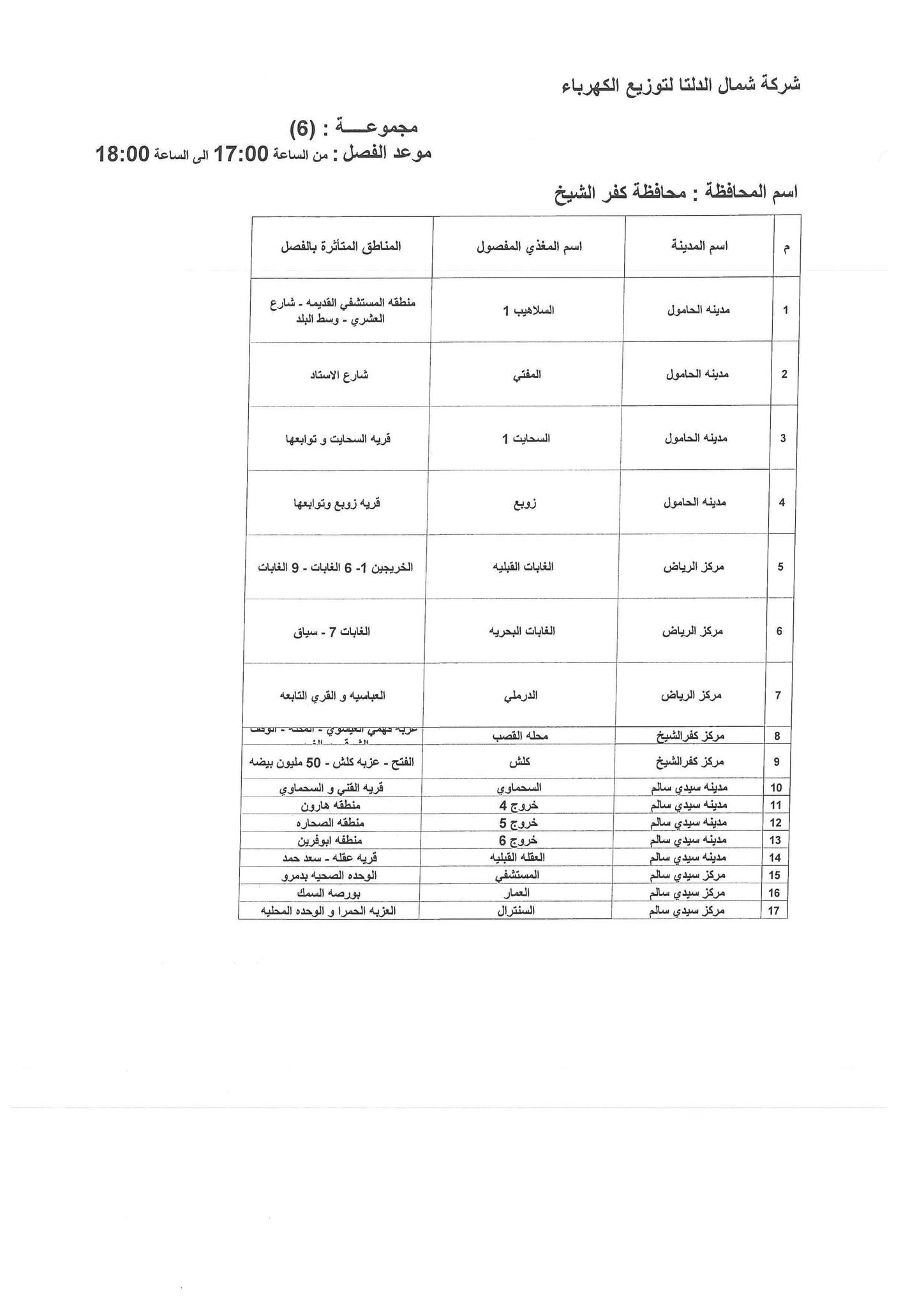 مواعيد قطع الكهرباء في مركز سيدي سالم بكفر الشيخ