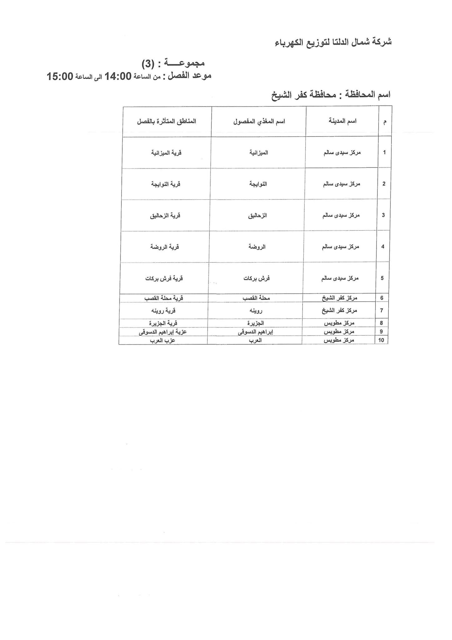 مواعيد قطع الكهرباء في مركز سيدي سالم بكفر الشيخ